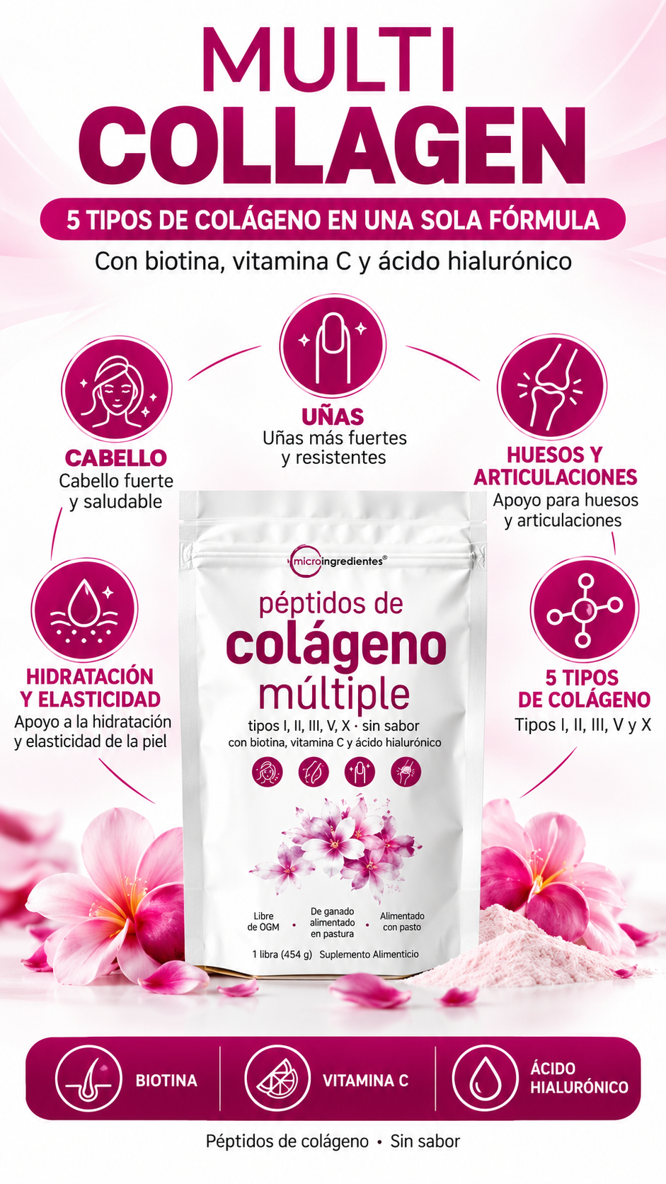 Multi Colágeno Péptidos™ | Colágeno 5 Tipos + Biotina, Vitamina C y Ácido Hialurónico – 454 g